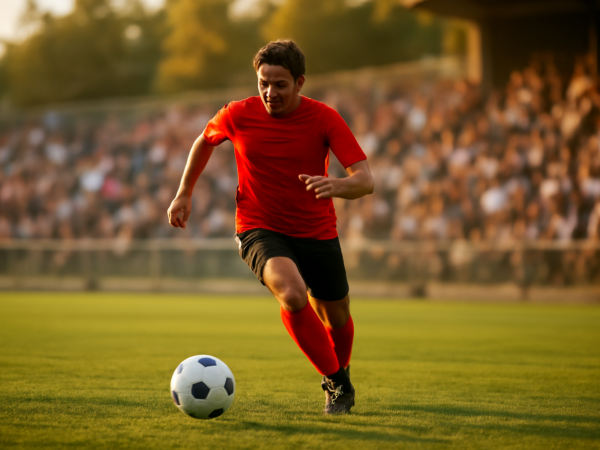Pemain sepak bola berlari menggiring bola di lapangan saat sore hari