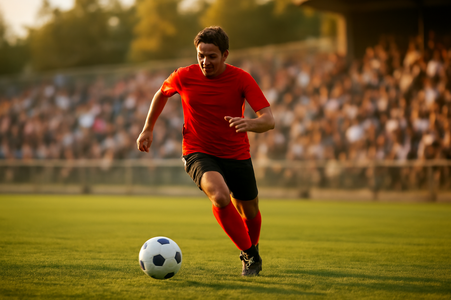 Pemain sepak bola berlari menggiring bola di lapangan saat sore hari